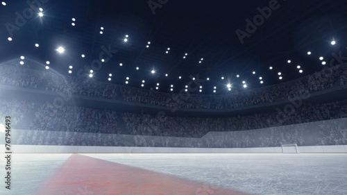 3D render of empty hockey arena with blurred fan zone, flashlights. Empty ice rink before competition. Concept of sport, competition, match, game, action, tournament
