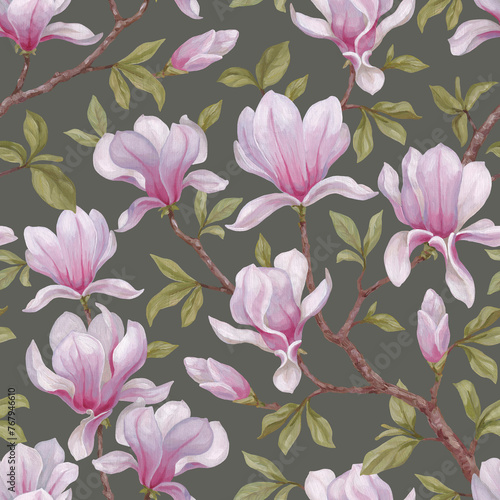 Hand painted acrylic illustrations of magnolia flowers. Seamless pattern design. Perfect for fabrics, wallpapers, clothes, home textile, packaging design and other prints (ID: 767946610)