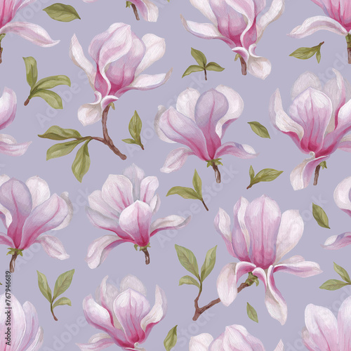 Hand painted acrylic illustrations of magnolia flowers. Seamless pattern design. Perfect for fabrics, wallpapers, clothes, home textile, packaging design and other prints (ID: 767946689)