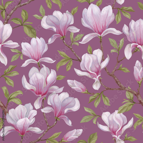 Hand painted acrylic illustrations of magnolia flowers. Seamless pattern design. Perfect for fabrics, wallpapers, clothes, home textile, packaging design and other prints (ID: 767946696)