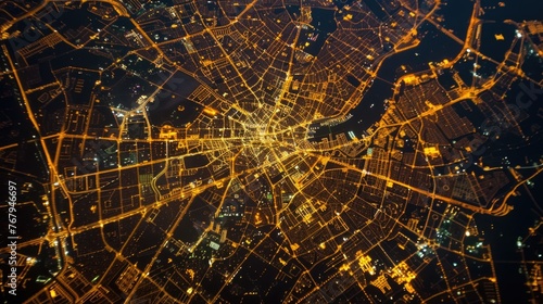 abstract light background, a night view of the city from space, showing its lights and streets in yellow color on a black background. 