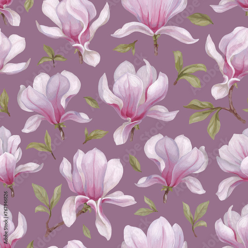 Hand painted acrylic illustrations of magnolia flowers. Seamless pattern design. Perfect for fabrics, wallpapers, clothes, home textile, packaging design and other prints (ID: 767946826)