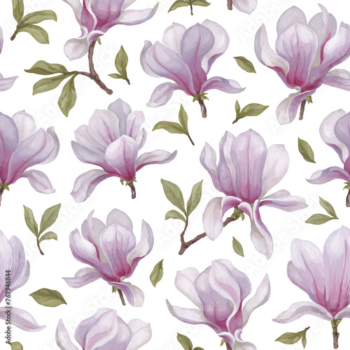Hand painted acrylic illustrations of magnolia flowers. Seamless pattern design. Perfect for fabrics, wallpapers, clothes, home textile, packaging design and other prints (ID: 767946844)
