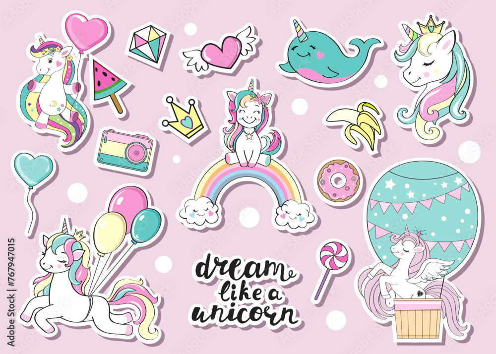 Collection of funny unicorns on a pink background. Birthday concept. Vector illustration Collection of funny unicorns on a pink background. Birthday concept. Vector illustration
