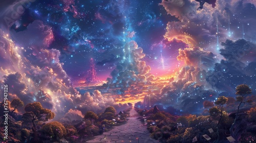 Fantastical Cosmic Pathway with Vivid Nebulae 
