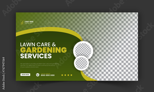 Corporate lawn care and gardening or landscaping service live stream YouTube video thumbnail design, lawn mower, gardening, promotion, social media post template, abstract green, yellow color shapes