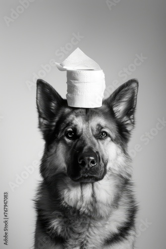 Dog with a toilet paper on its head, black and white photography made with Generative AI