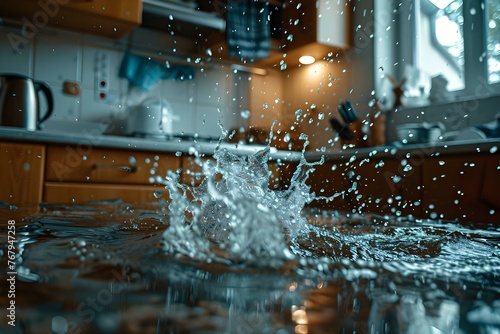 Water splashes in a flooded kitchen causing damage to the property. Concept Water damage, Home insurance, Emergency cleanup, Kitchen flooding, Property restoration photo