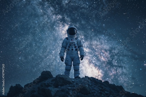 Astronaut on the unknown planet with starry sky on the background. Generative ai