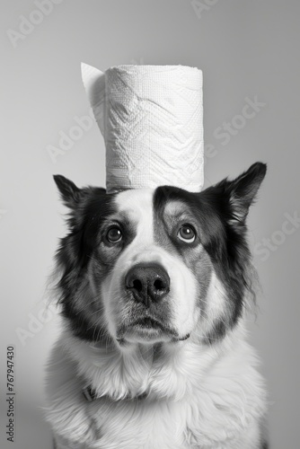 Dog with a toilet paper on its head, black and white photography made with Generative AI