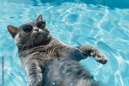 cool cat in sunglasses relaxing in pool. Generative ai