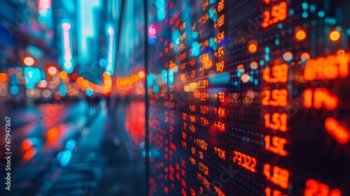 A close up of a stock market board with red numbers photo