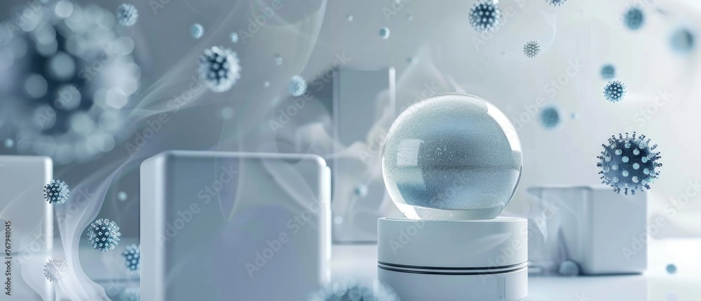 Futuristic air purifier creating a shimmering bubble barrier against an onslaught of virus particles, 3D illustration