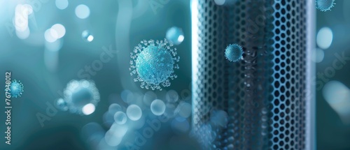 Conceptual air purifier with an aura of bubbles, each bubble targeting and neutralizing viruses, 3D illustration