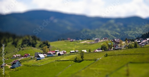 Scenic view of rural houses in green hills in Fundata, Romania
