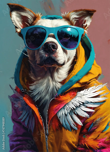 Stylish Canine: Vibrant Dog in Sunglasses and Jumpsuit © Manuhnz