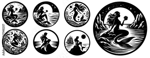 Mermaid Vector illustration, Mermaid silhouette, Isolated On White Background