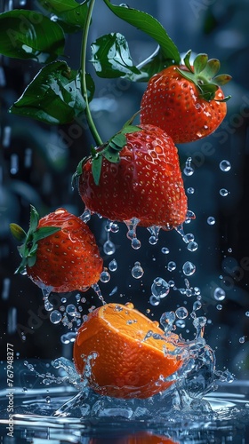 orange and strawberries fell into the water.