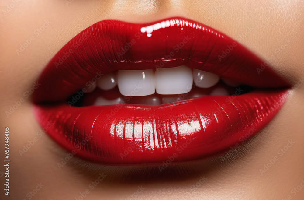 Obraz premium Girl's lips with red glossy lipstick. Sexy Lips.