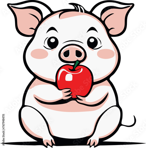Vector pig holding a ripe apple in its mouth while standing on a white background