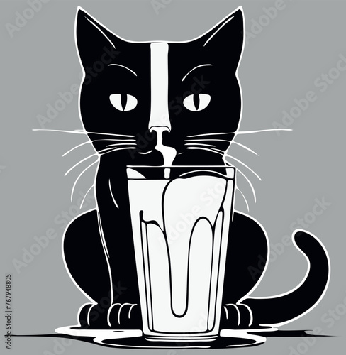 Vector illustration of an adorable black cat with bright green eyes holds a glass of fresh mil photo