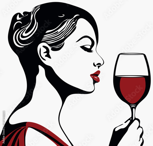 Illustration of a confident female with ruby red lips holding a full glass of deep red wine
