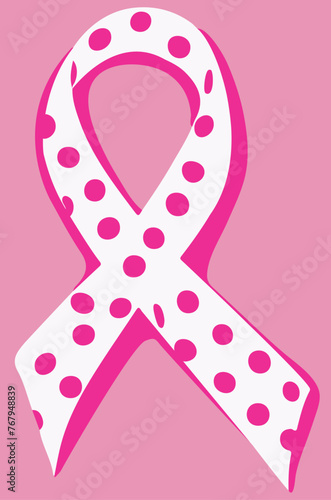 A pink and white polka dot breast cancer awareness ribbon