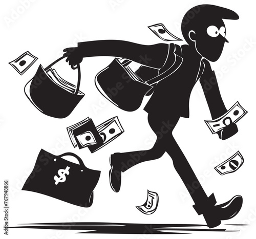 Vector illustration of a male robber with bags of money on a white background