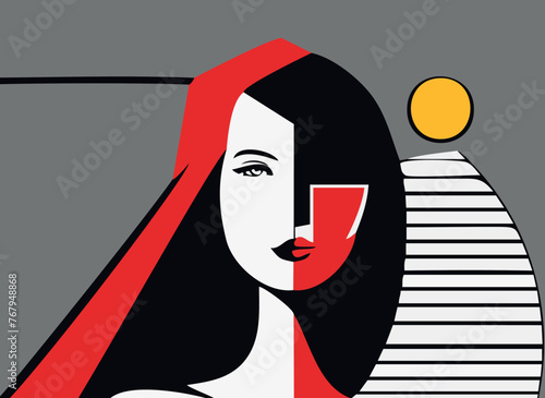 Vector of a woman in red scarf on a gray background