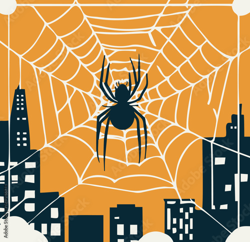 Vector of a spider on a web over the city