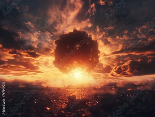 A dramatic explosion with fiery shockwave against a sunset sky, symbolizing catastrophe or disaster. photo