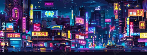 A bustling cyberpunk cityscape at night, illuminated by neon lights and digital billboards, showcasing a fusion of 2D digital art and 3D architectural elements.