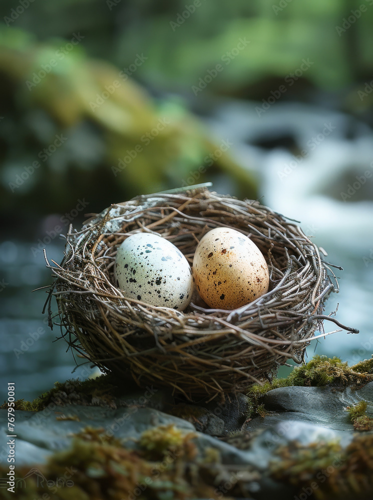 Two eggs in nest on rock in river Two eggs in nest on rock in river