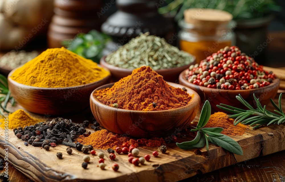 Various spices in bowls on wooden table Various spices in bowls on wooden table