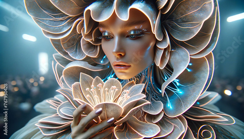 Conceptual art style portrait of a fashion model wearing an illuminated floral outfit	