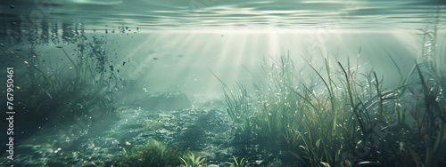 A calm, underwater scene with gentle light filtering through the water. photo