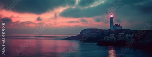 A calming, twilight scene of a lighthouse overlooking a still ocean.