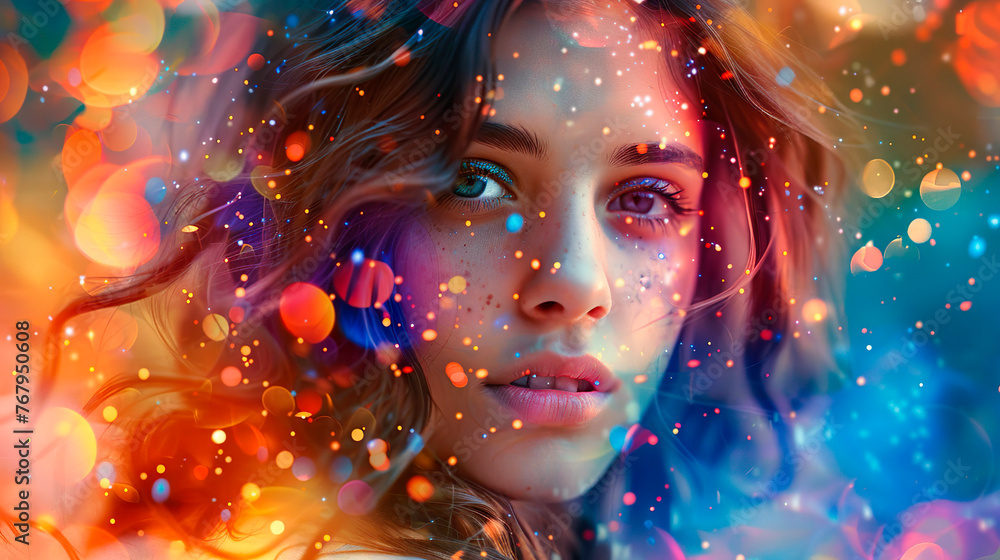 Close-up portrait of woman in the colorful explosions
