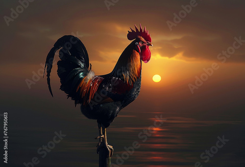 Rooster crowing on pole at sunset photo