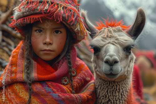 Peruvian girl and her llama. A young lama is standing next to another little child