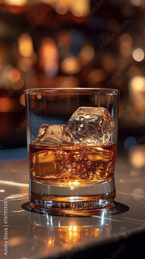 Glass of whiskey with ice cubes on the bar counter Glass of whiskey with ice cubes on the bar counter