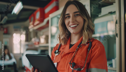 smiling female paramedic with tablet in clinic photo