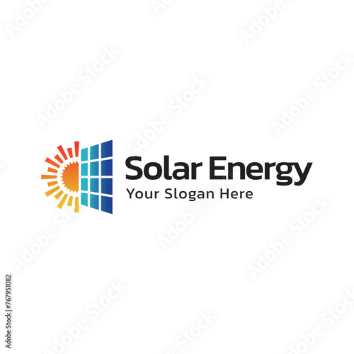Solar energy logo design. Sun and solar panel abstract symbol. Sun power logo
