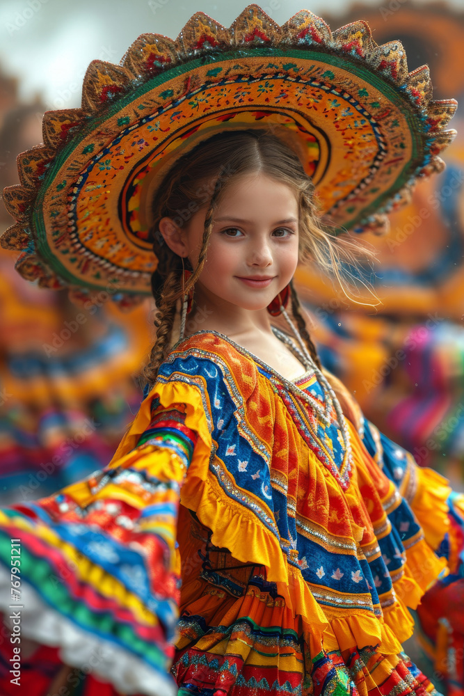 Beautiful little girl in traditional Mexican costume dances and plays in the park