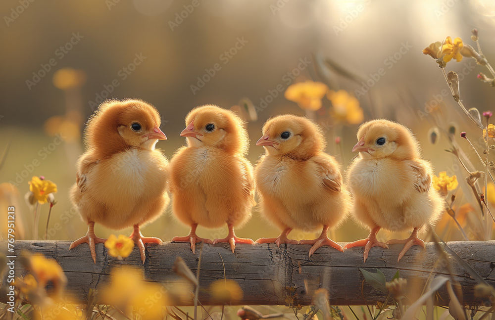 Four little chicks on wooden fence in the grass. A little chickens walking on the fence near grass