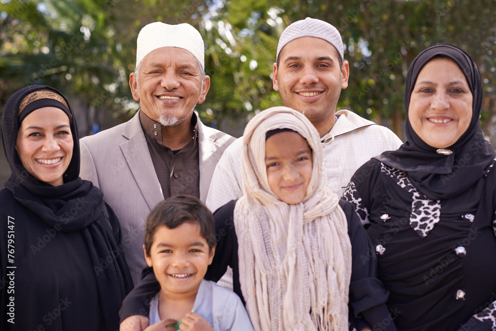 Nature, muslim and portrait of kids with family for bonding, ramadan ...