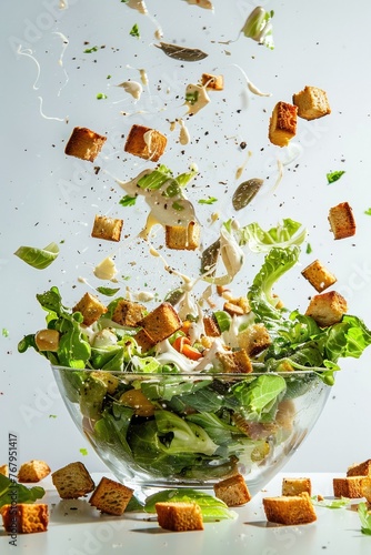 An epic stylized advertise photo of Caesar Salad bursting energetically from a crystal clear glass bowl, along with croutons and anchovies floating up, set against a crisp white background