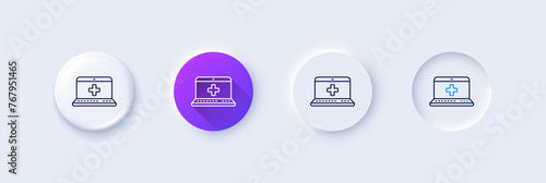 Medicine laptop line icon. Neumorphic, Purple gradient, 3d pin buttons. Online medical help sign. Line icons. Neumorphic buttons with outline signs. Vector