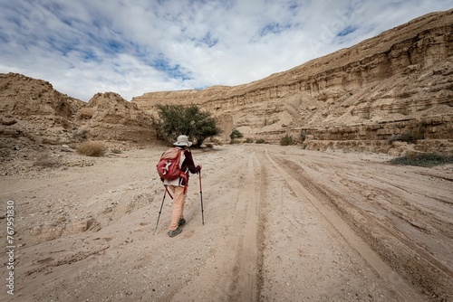 Female adventurer hiking in the desert in Israel, Small Makhtesh photo
