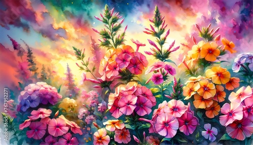 Vibrant Watercolor Painting of Annual Phlox Flowers © monkik.